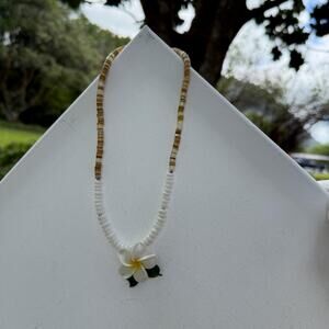 Puka Shell Necklace with Plumeria Pendant Choker Necklace